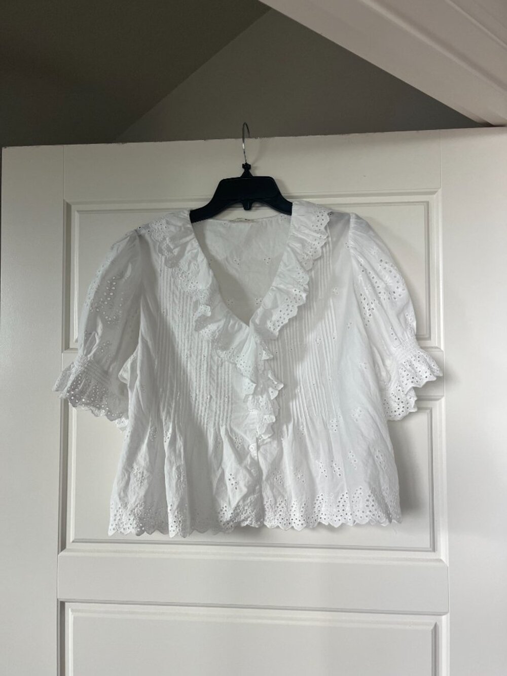 White Cottage Core Short Sleeve Eyelet Peasant Top